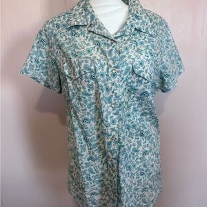 Wrangler Teal and White Paisley Button-Up Short Sleeve Blouse